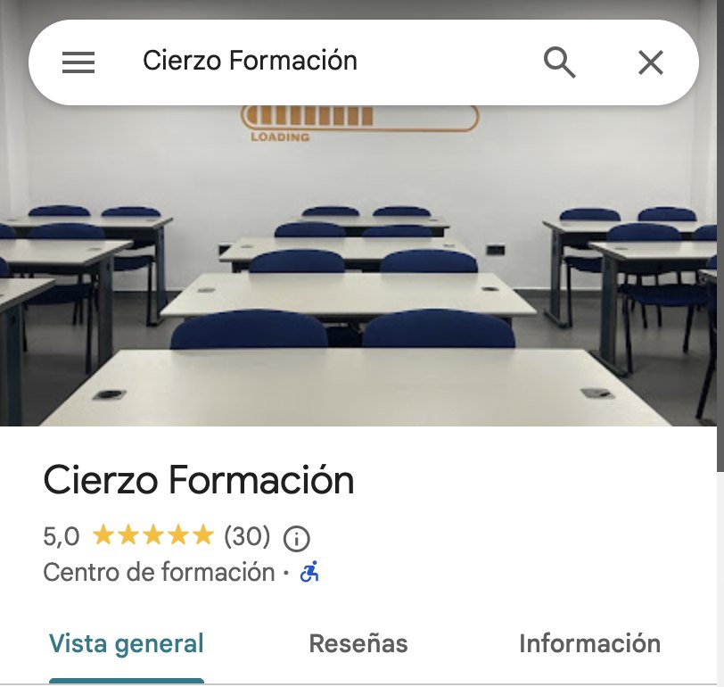 Ficha de Google de Cierzo Formación con 5 estrellas y 30 reseñas