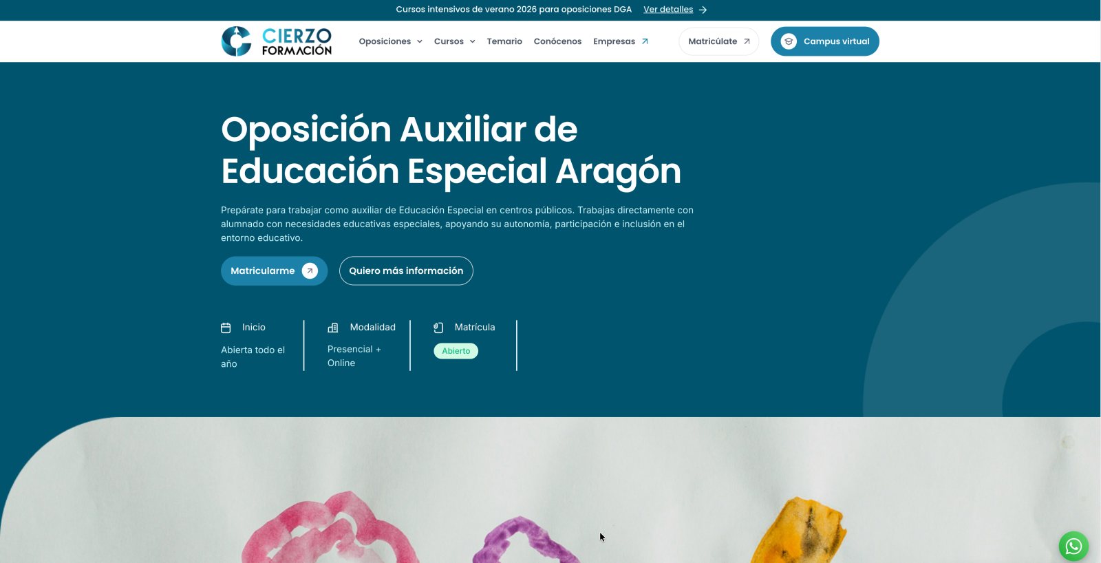 Página de la oposición de Auxiliar de Educación Especial Aragón en la web de Cierzo Formación