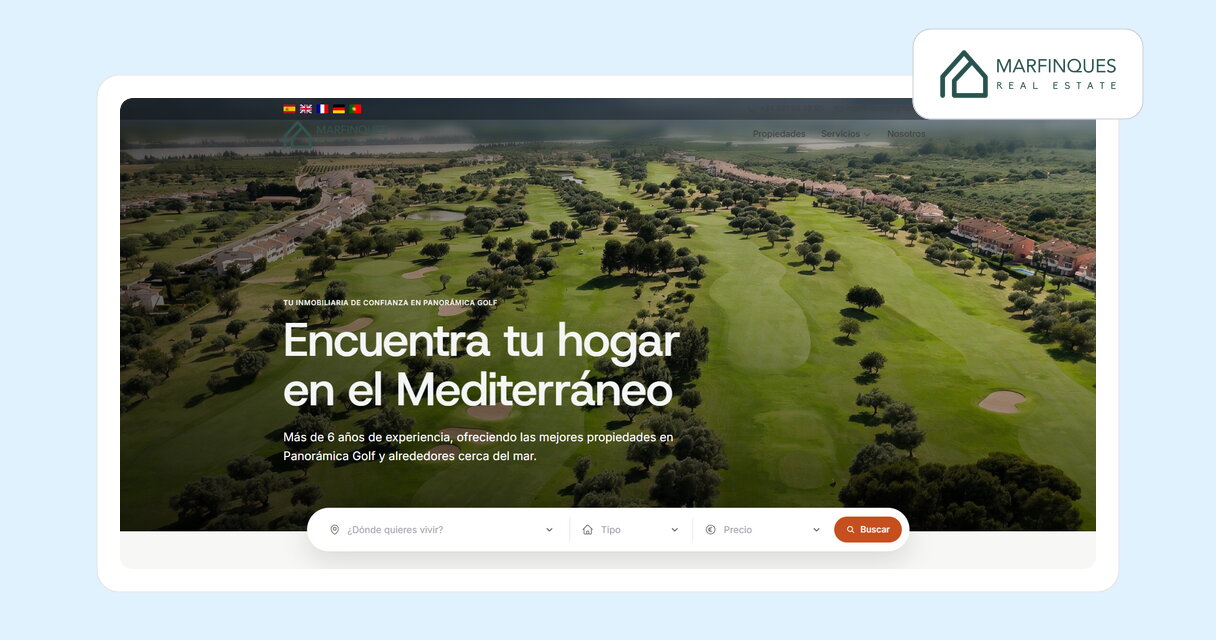 Portada de la web de Marfinques con la foto aérea del campo de golf de Panorámica y el buscador de propiedades