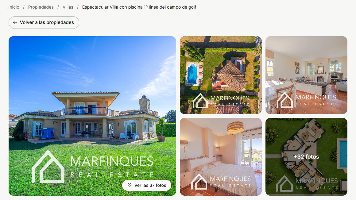 Ficha de una villa en primera línea del campo de golf en la web de Marfinques, con su galería de fotos