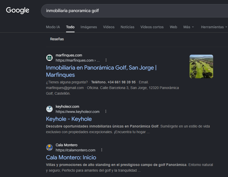 Resultados de Google para inmobiliaria panorámica golf con Marfinques en primera posición