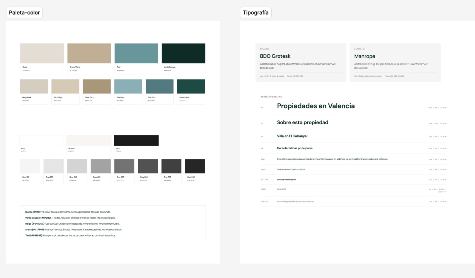 Identidad visual de Materia Estates: paleta de color, tipografía y componentes