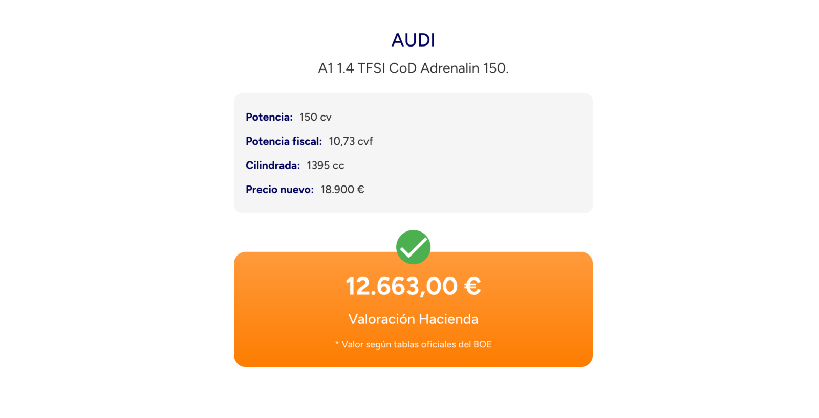 Resultado de la calculadora del valor de un coche según las tablas de Hacienda de NeedCarHelp