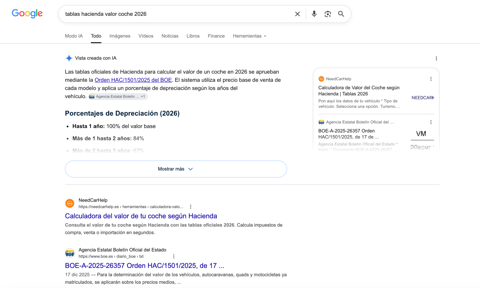 Resultado de Google para «tablas hacienda valor coche 2026» con la calculadora de NeedCarHelp en primera posición