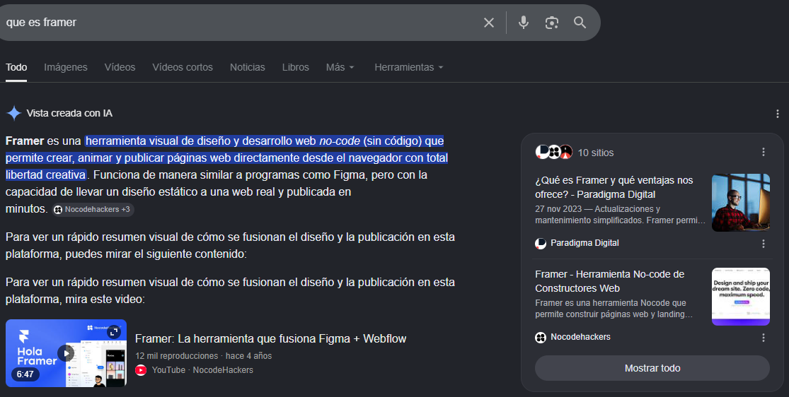 AI Overview de Google para la búsqueda «que es framer», citando a NocodeHackers en el primer párrafo y en el panel de fuentes
