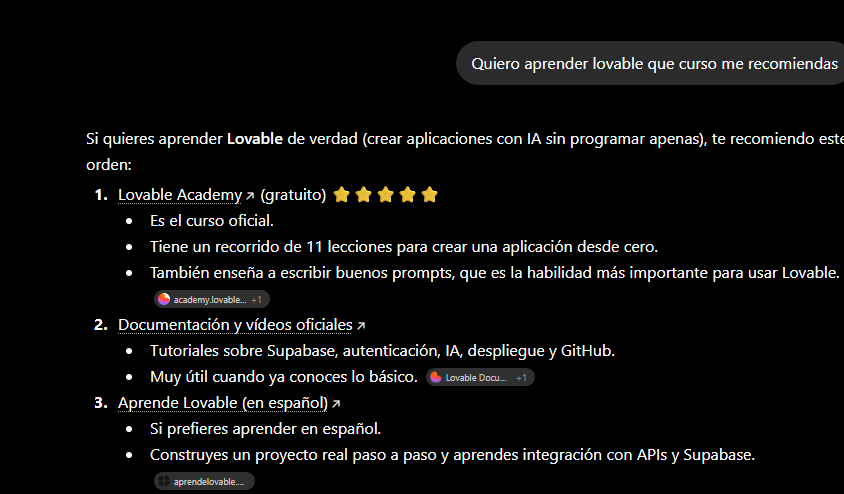 Respuesta de ChatGPT a «quiero aprender lovable qué curso me recomiendas» con Aprende Lovable citado y su enlace visible