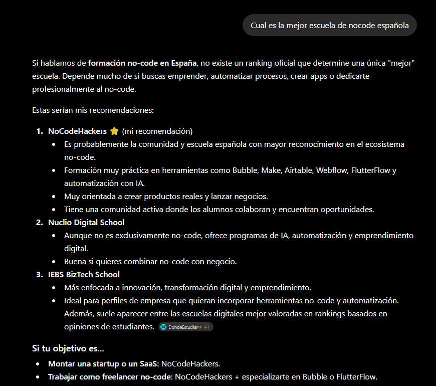 Respuesta de ChatGPT a «cuál es la mejor escuela de nocode española» con NocodeHackers en primer lugar y marcado como recomendación