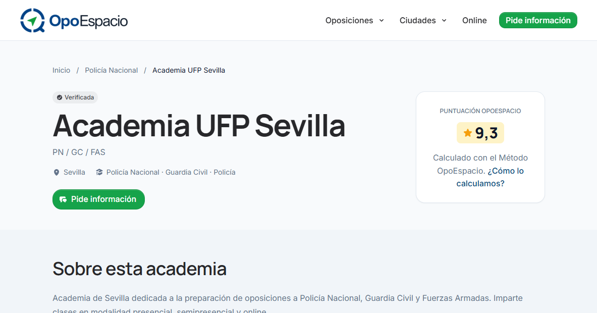 Ficha de la Academia UFP Sevilla en OpoEspacio, con su puntuación OpoEspacio calculada a partir de reseñas y datos públicos
