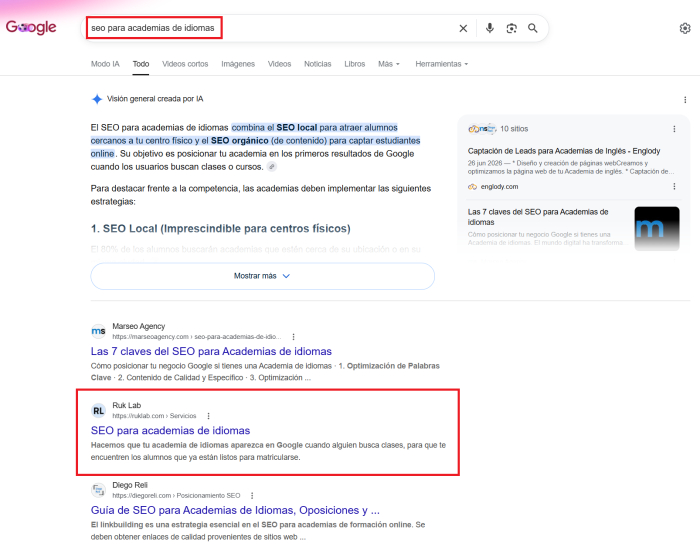 Resultado de Ruk Lab en posición 2 en Google para la keyword «seo para academias de idiomas».