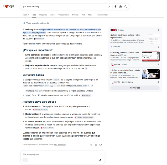 AI Overview de Google para la búsqueda qué es el hreflang, con el resumen de IA y las fuentes citadas al lado
