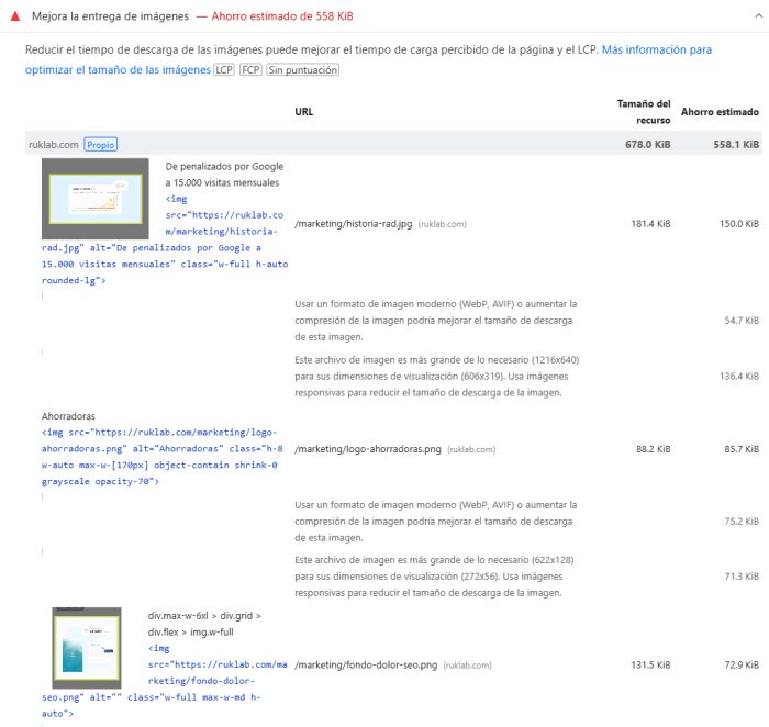 Bloque Mejorar la entrega de imágenes de PageSpeed para ruklab.com
